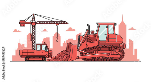Construction Vehicles At Work In A Urban Area With Skyscrapers And City Silhouette