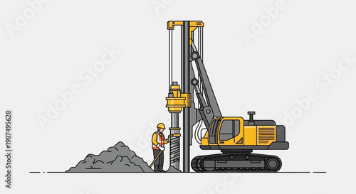 Construction Worker Operates Piling Rig, Driving Into Earth For Foundation
