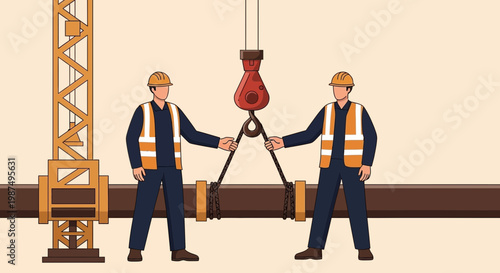 Construction Workers Collaborating To Lift Heavy Pipe Using Crane and Assisting Rigging