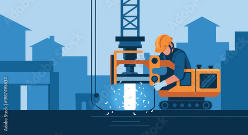 Construction Worker Operates Machinery In Urban Cityscape During Infrastructure Building Process