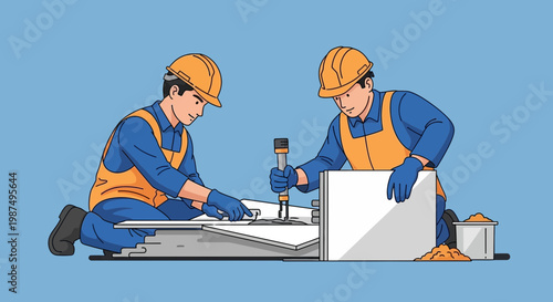 Construction Workers Collaborating, Drilling and Working Together on a Project