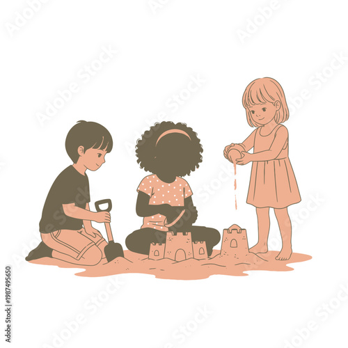 Diverse children building sandcastles on a beach, summer fun, playful activity