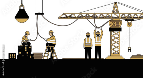 Construction Workers Collaborating, Energizing, Erecting a Detailed Building Site with Crane