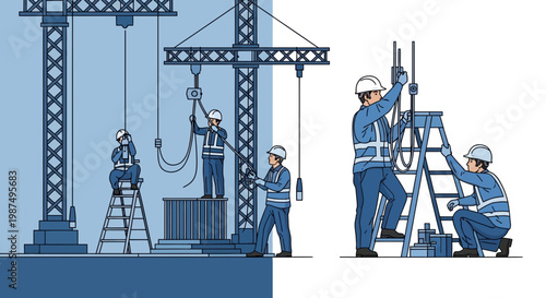 Construction Workers Collaborating, Erecting Structures, and Ensuring Safety for Success