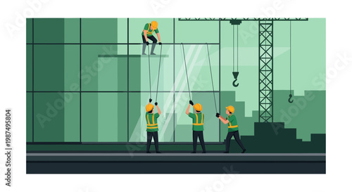 Construction Workers Erecting a Facade on a New Building Under a Tower Crane Structure