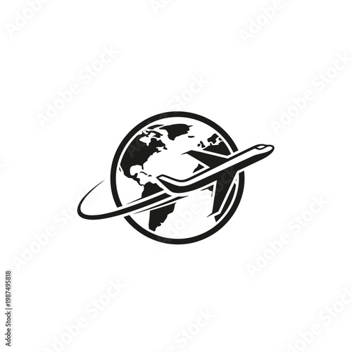 Airplane flying around the world in a simple black and white design