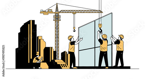 Construction Workers Erecting a Large Glass Panel with Crane in Modern Cityscape