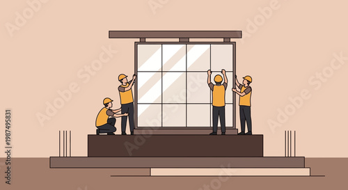 Construction Workers Erecting a Large Window, Building and Installation, Teamwork and Effort