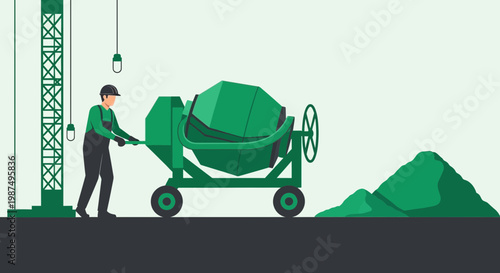 Construction Worker With A Cement Mixer On A Building Site Illustrated In Vector