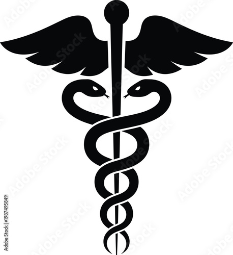 Classic medical caduceus symbol with entwined snakes and wings vector illustration