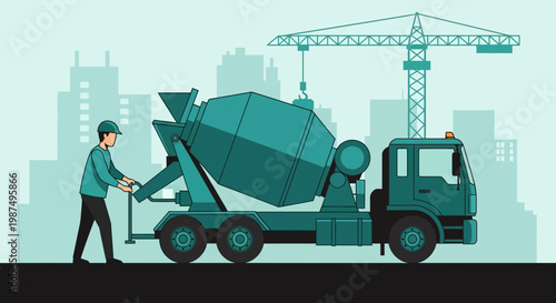 Construction Worker With A Concrete Mixer Truck Cartooning New Building on Progress