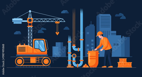 Construction Worker With Building Crane Creating Modern Urban Infrastructure In Cityscape