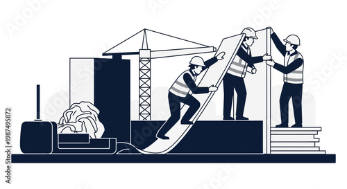 Construction Workers Erecting A Panel on A Building Site, Monochrome Illustration