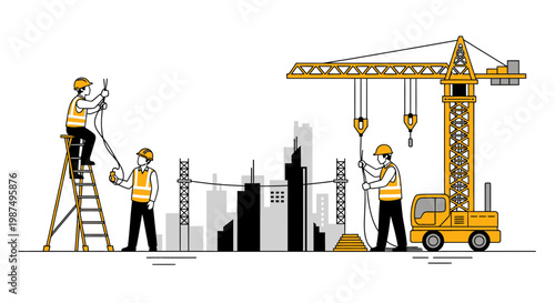 Construction Workers Erecting Buildings Using Cranes and Working on the Electrical Wiring