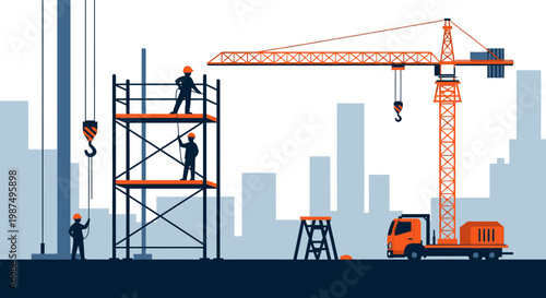 Construction Workers Erecting Buildings Utilizing Heavy Machinery for Urban Development