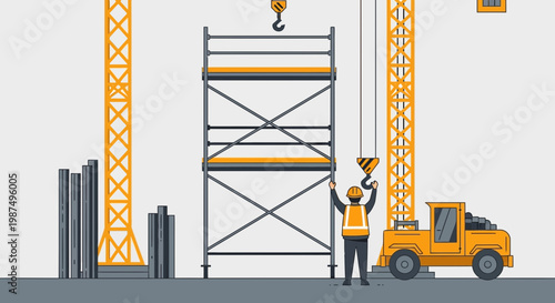 Construction Worker With Crane Assembles Scaffolding with Flat Vector Design