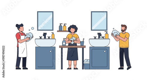 Family Doing Household Chores in Modern Bathroom