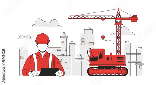 Construction Worker With Documents Near a Crane and City Buildings Overview