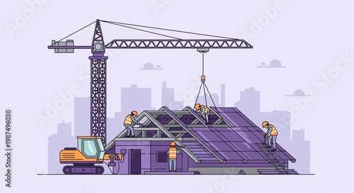 Construction Workers Erecting Roof of Newly Built Building with Crane and Machinery