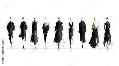 A fashion illustration of nine people wearing black clothing and standing in a line on a white background.