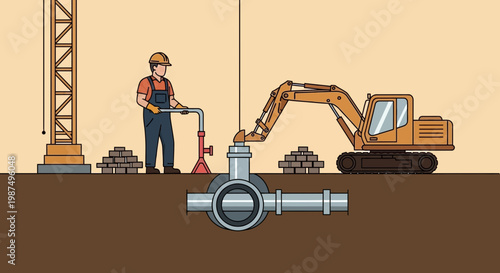 Construction Worker With Excavator and Pipeline Illustration for Industrial and Engineering Projects