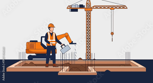 Construction Worker With Hard Hat Supervising Crane And Excavator On Building Site Project