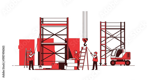 Construction Workers Erecting Scaffolding and Utilizing Crane in Building Process for New Structure
