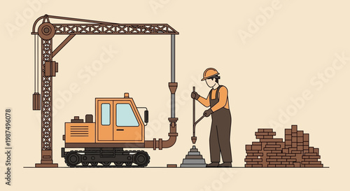 Construction Worker With Crane, Building Materials, Engineer And Industrial Machinery Together