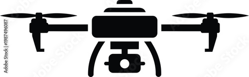 Minimalist black silhouette icon of a professional aerial camera drone vector illustration