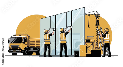 Construction Workers Installing Glass Panels With Crane and Truck at the Construction Site