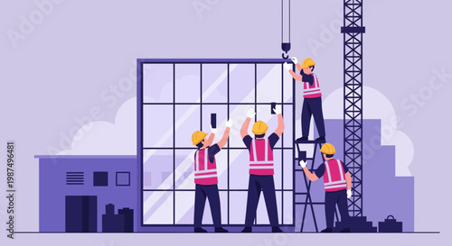 Construction Workers Installing Windows on High-Rise Building, Working Together as a Team