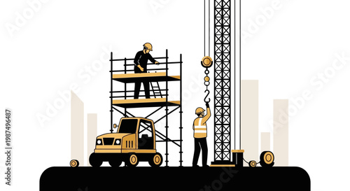 Construction Workers Involved In Building Activities Using Crane And Scaffold During Development