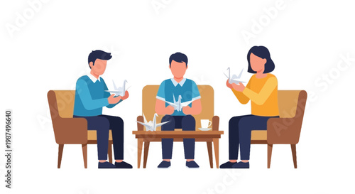 Group of Three Adults Engaged in Social Conversation and Drinking Wine