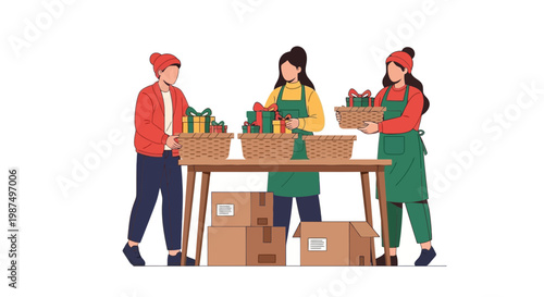 Volunteer Women Sorting and Packing Donations at Community Food Drive