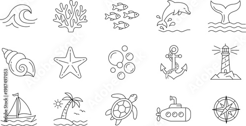 Marine life line icon set, nautical ocean symbols collection, minimalist sea animal and maritime vector illustrations isolated on white.