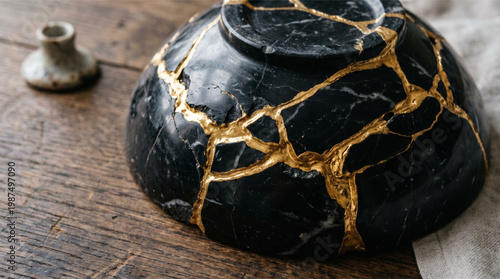 Kintsugi Black Marble Bowl with Gold Repair on an Aged Wood Table