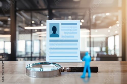 Small Figure Stands by a Resume While a Magnifying Glass is Placed on a Wooden Table Inside an Office
