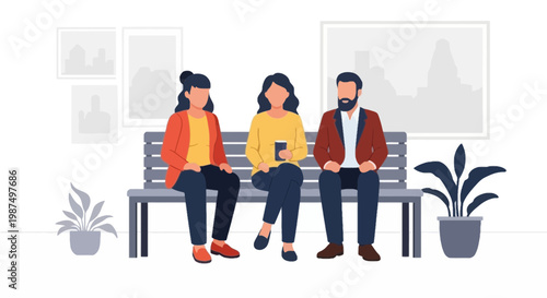 Diverse Group of People Sitting on Bench with Mobile Devices in Modern Indoor Space