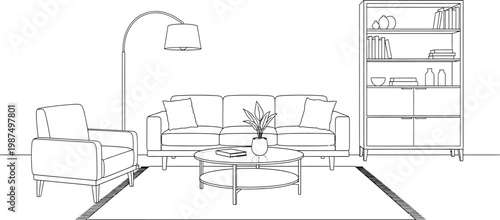 Minimalist line drawing of a bedroom interior with bed nightstand and bookshelf