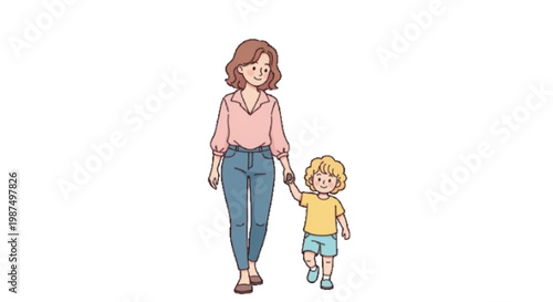 cute mom and child walking icon vector illustration, soft pastel style, white background