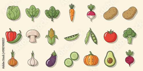 Vintage botanical illustration of diverse vegetables and produce arranged in a grid pattern