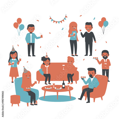 Happy People Celebrating Birthday Party at Home with Drinks and Cake