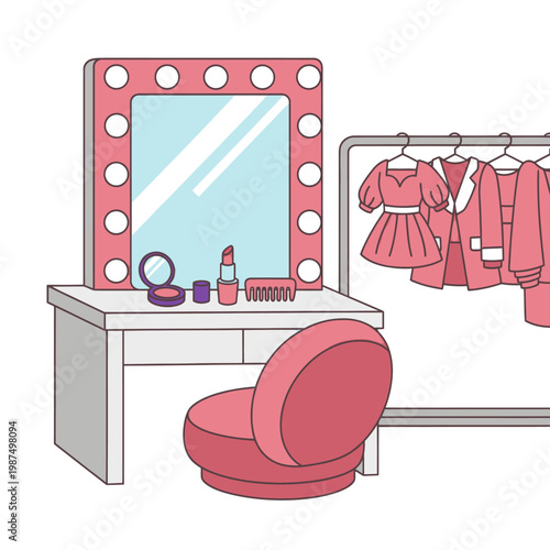 Dressing Room Vanity Mirror, Makeup, Clothes Rack, and Chair - Backstage Preparation