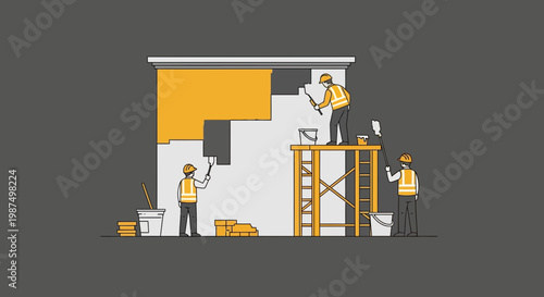 Construction Workers Painting Building Facade, Interior Decor, Wall Renovation, Abstract Concept