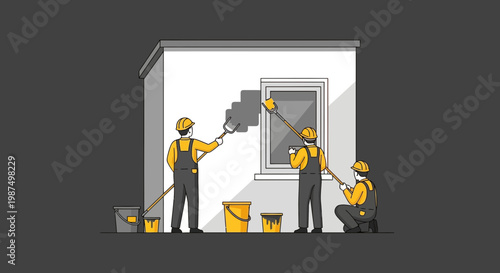 Construction Workers Painting The Building Exterior With Paint Brushes During Daylight