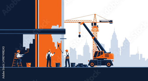 Construction Workers Painting Building with Crane and Urban Skyline Backdrop