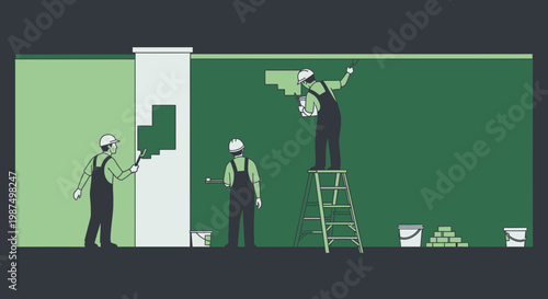 Construction Workers Painting Wall in Green, Flat Minimalist Illustration Design