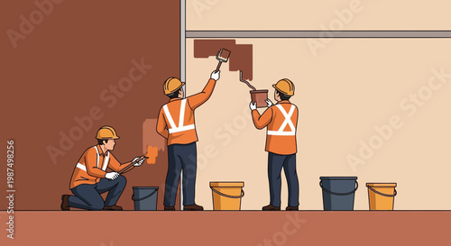 Construction Workers Painting Wall, Building Exterior Work, Industrial Safety Theme