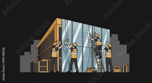 Construction Workers Panel Installation on a Modern Building Minimalist Line Art Rendering