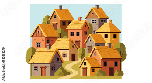 Cartoon village scene with colorful houses and green trees illustration